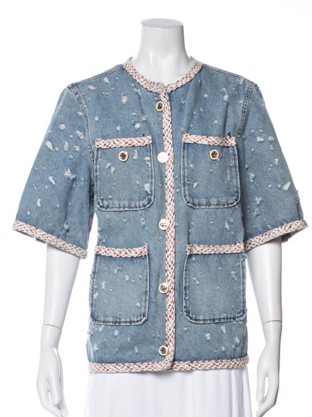 Sandro Light Blue Distressed Denim Short-Sleeve Jacket with Pink Trim